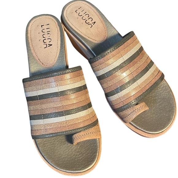 Luca Lenore Leather Platform Wedge Sandal Slide Striped Vamp Women’s Sz 7.5 - Picture 2 of 13